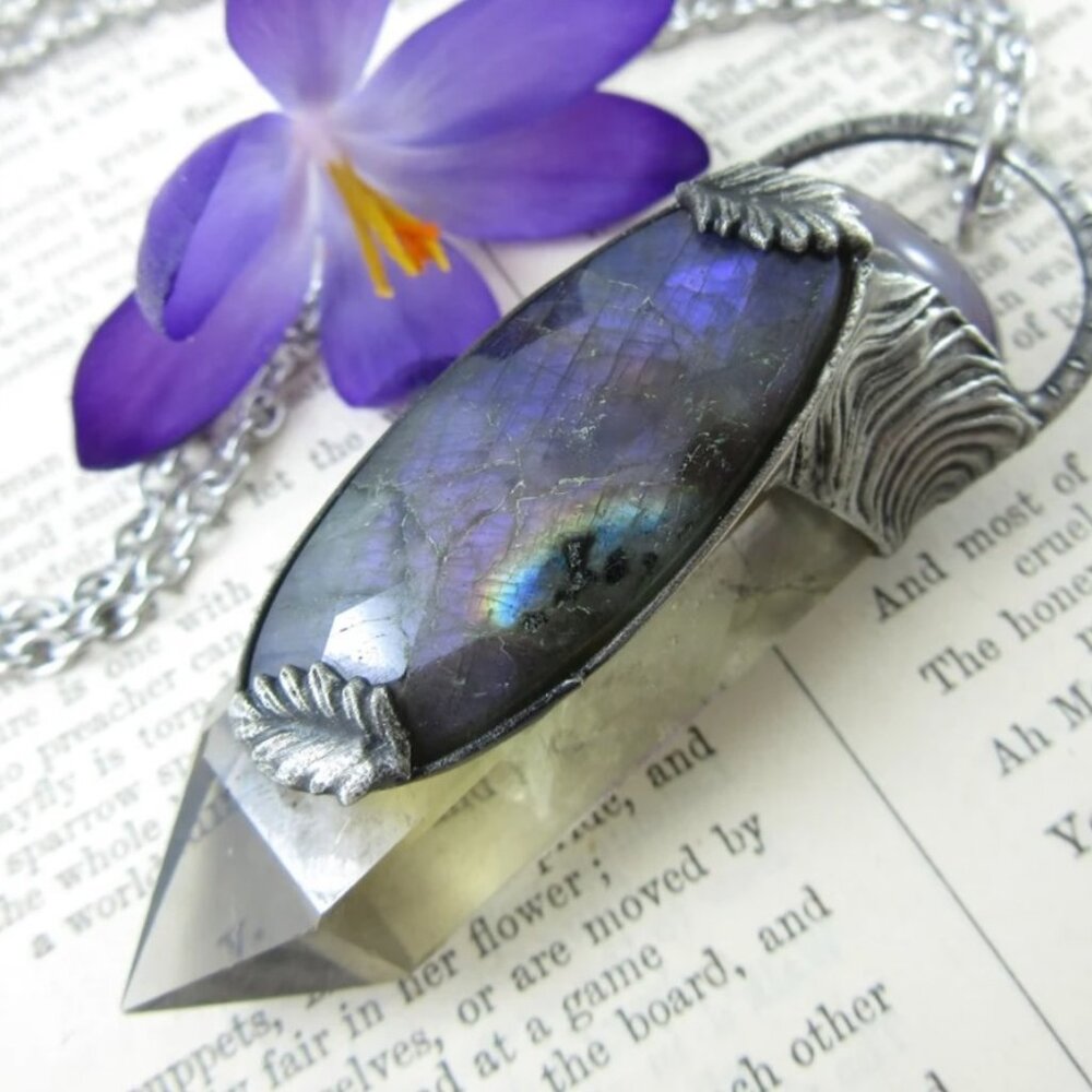 Callisto Jewelry Smoky Quartz Purple Labradorite Amethyst Crystal Pendant Chain